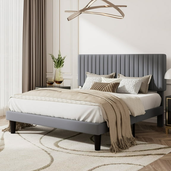 Amolife Full Size Upholstered Platform Bed Frame with Adjustable Velvet Headboard, Grey