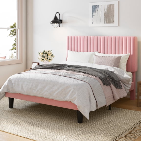 Amolife Full Size Upholstered Platform Bed Frame with Adjustable Velvet Headboard, Pink
