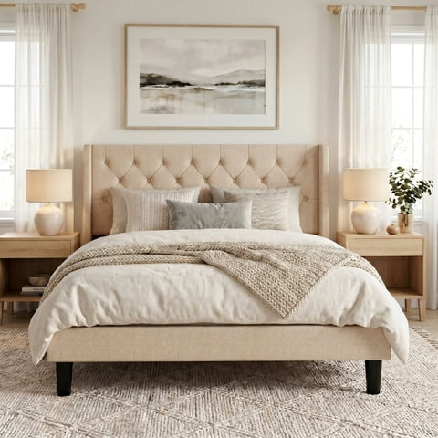 Amolife Full Size Upholstered Platform Bed Frame with Fabric Diamond Deluxe Wingback Headboard, Beige