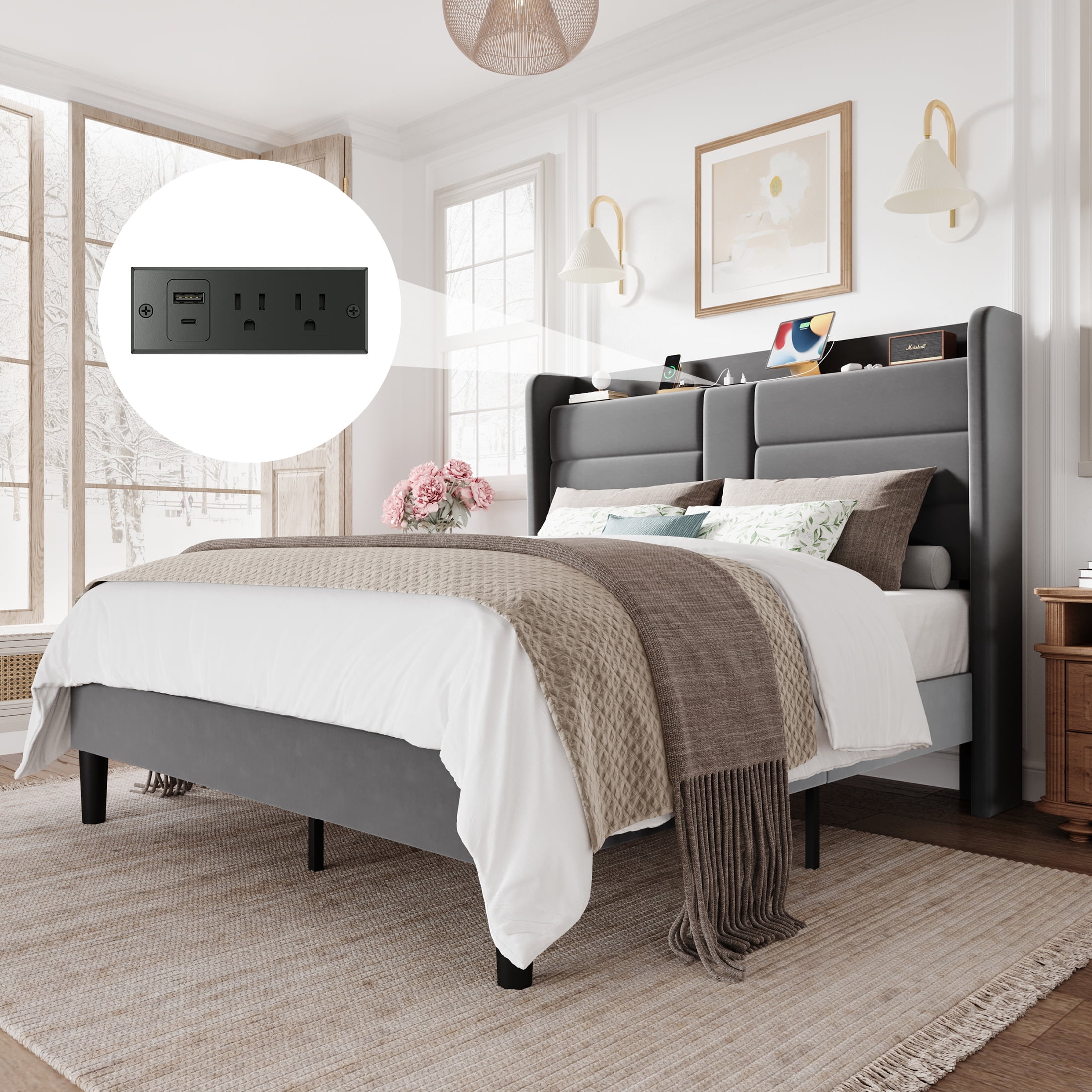 Amolife Full Size Upholstered Platform Bed Frame with Velvet Wingback Headboard & USB Charging Ports, No Box Spring Needed, Grey