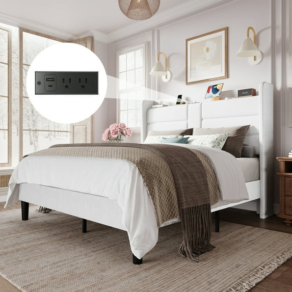 Amolife Full Size Upholstered Platform Bed Frame with Velvet Wingback Headboard & USB Charging Ports, No Box Spring Needed, White