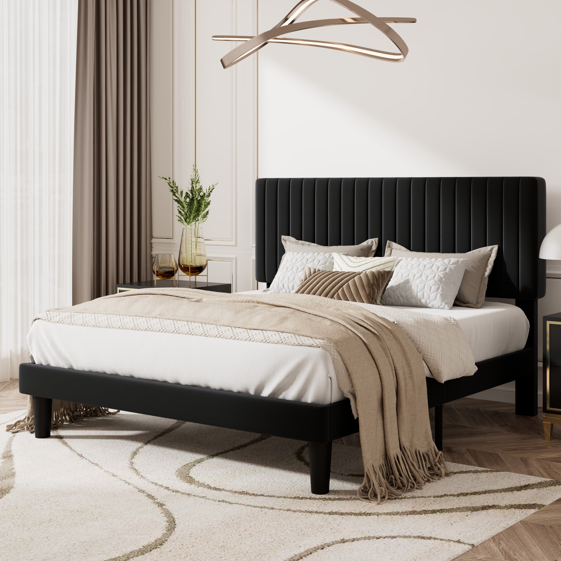Amolife Full Size Upholstered Platform Bed Frame with Adjustable Velvet Headboard, Black