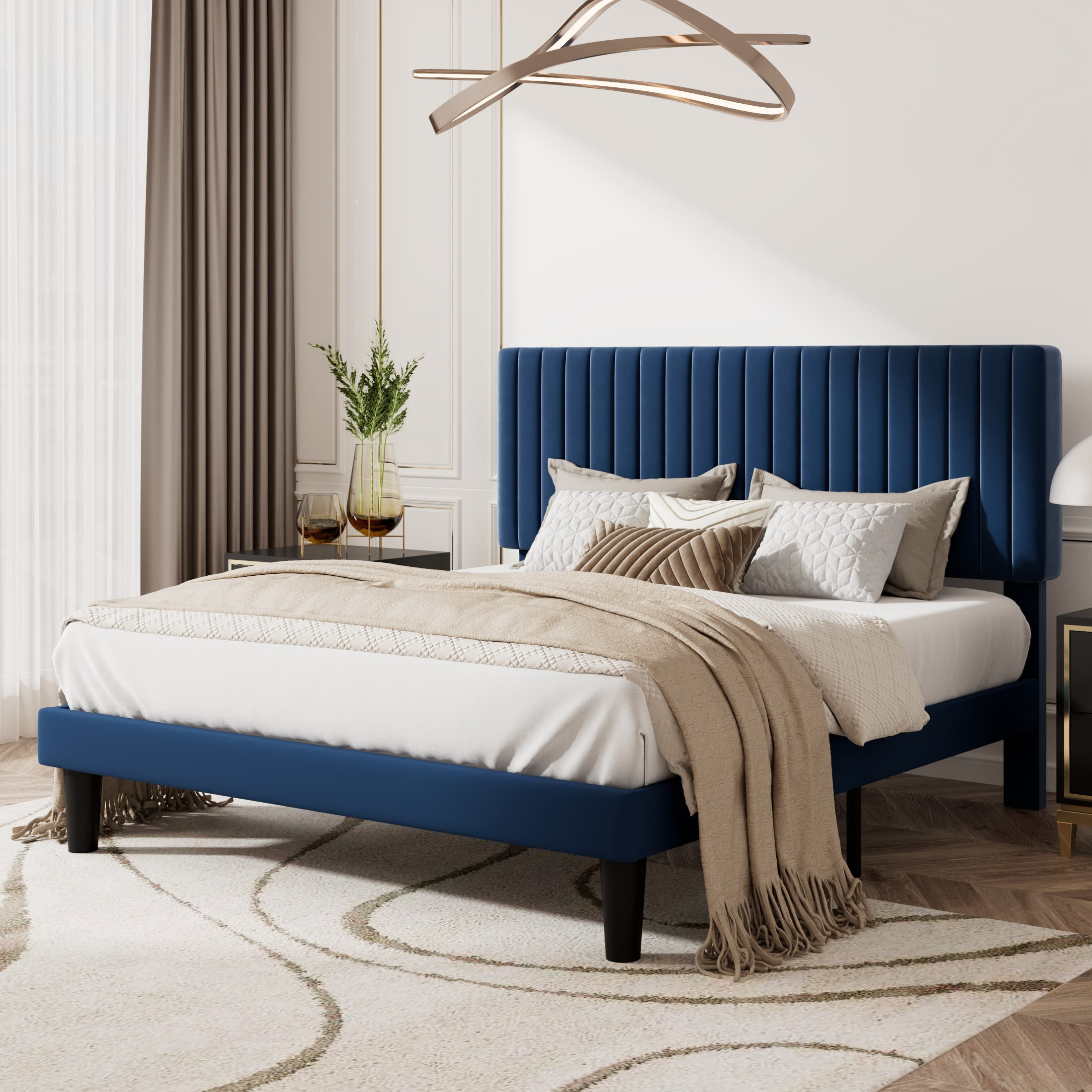 Amolife Full Size Upholstered Platform Bed Frame with Adjustable Velvet Headboard, Dark Blue