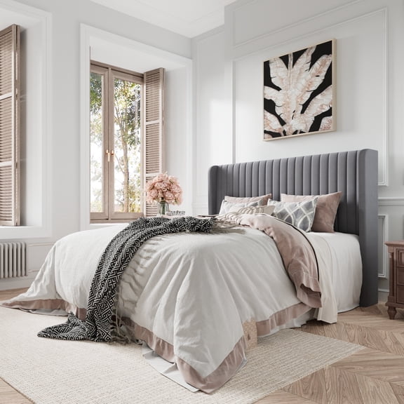 Amolife Full Size Velvet Upholstered Bed with Wingback Headboard, Light Grey