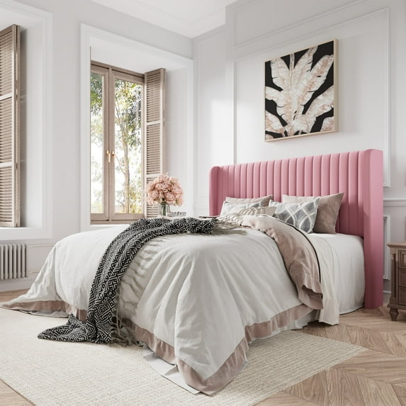 Amolife Full Size Velvet Upholstered Bed with Wingback Headboard, Pink