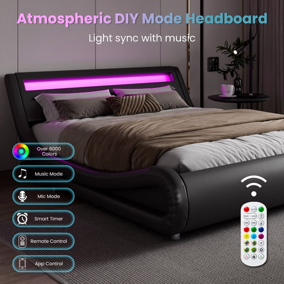 Amolife Full Size Wave-Like Curve Deluxe Upholstered Modern Bed Frame with LED Headboard, Dark Gray