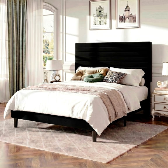 Amolife Full Bed Frame, Velvet Upholstered Platform Bed with Adjustable Headboard, Mattress Foundation with Strong Wooden Slats, No Box Spring Needed, Black