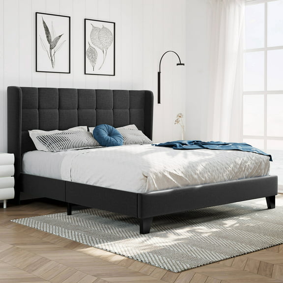 Amolife Full Upholstered Platform Bed Frame with Wood Slat Support, Dark Grey
