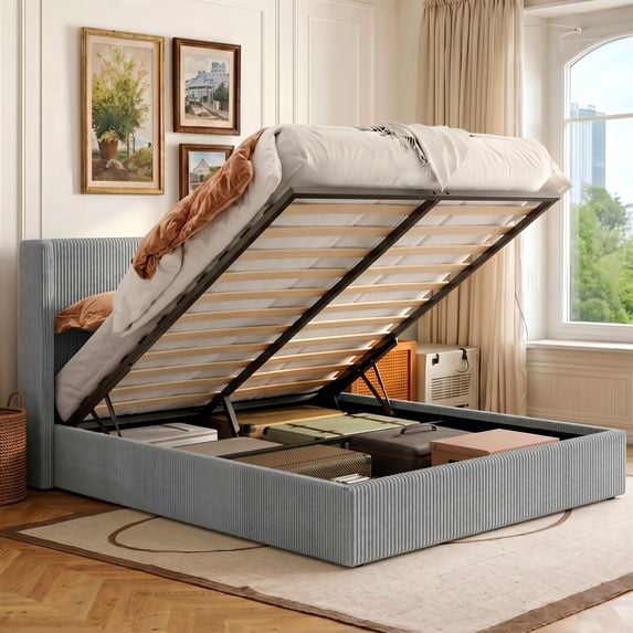 Amolife Full size Hydraulic Lift Storage Bed Frame with Wingback Headboard, Corduroy Upholstery, Gray