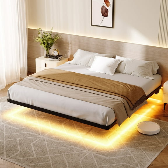 Amolife Heavy Duty King Size Floating Bed Frame with Smart LED Lights and Charging Station, Black