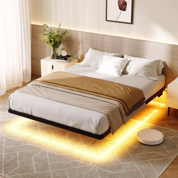 Amolife Heavy Duty Queen Size Floating Bed Frame with Smart LED Lights and Charging Station, Black