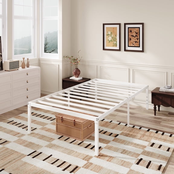 Amolife Heavy Duty Twin Size 18'' Metal Platform Bed Frame with Ample Under Bed Storage Space, White