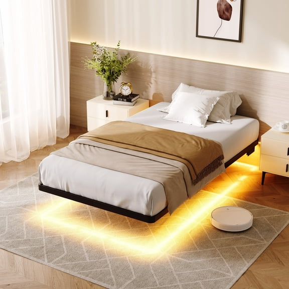 Amolife Heavy Duty Twin Size Floating Bed Frame with Smart LED Lights and Charging Station, Black