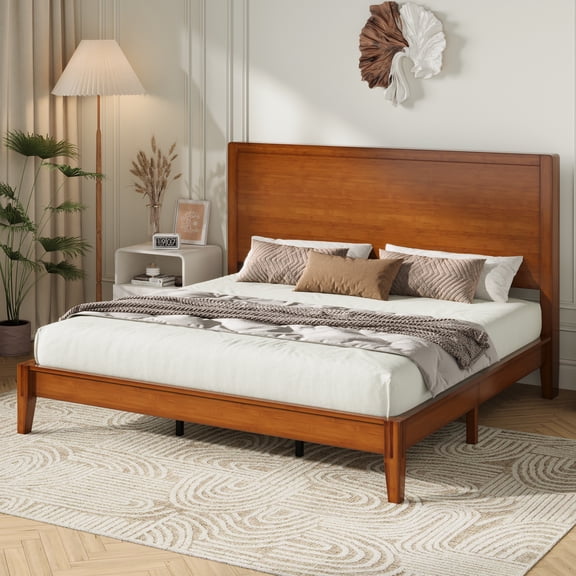 Amolife King Bamboo Wood Platform Bed Frame with Upgraded Headboard and Recessed Design, Durable Structure, No Box Spring Needed, Cherry Red