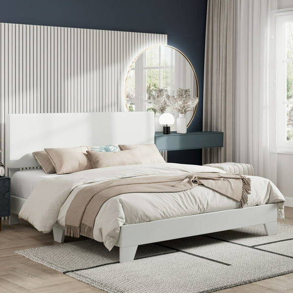 Amolife King Bed Frame, Faux Leather Platform Bed with Adjustable Headboard, No Box Spring Required, White