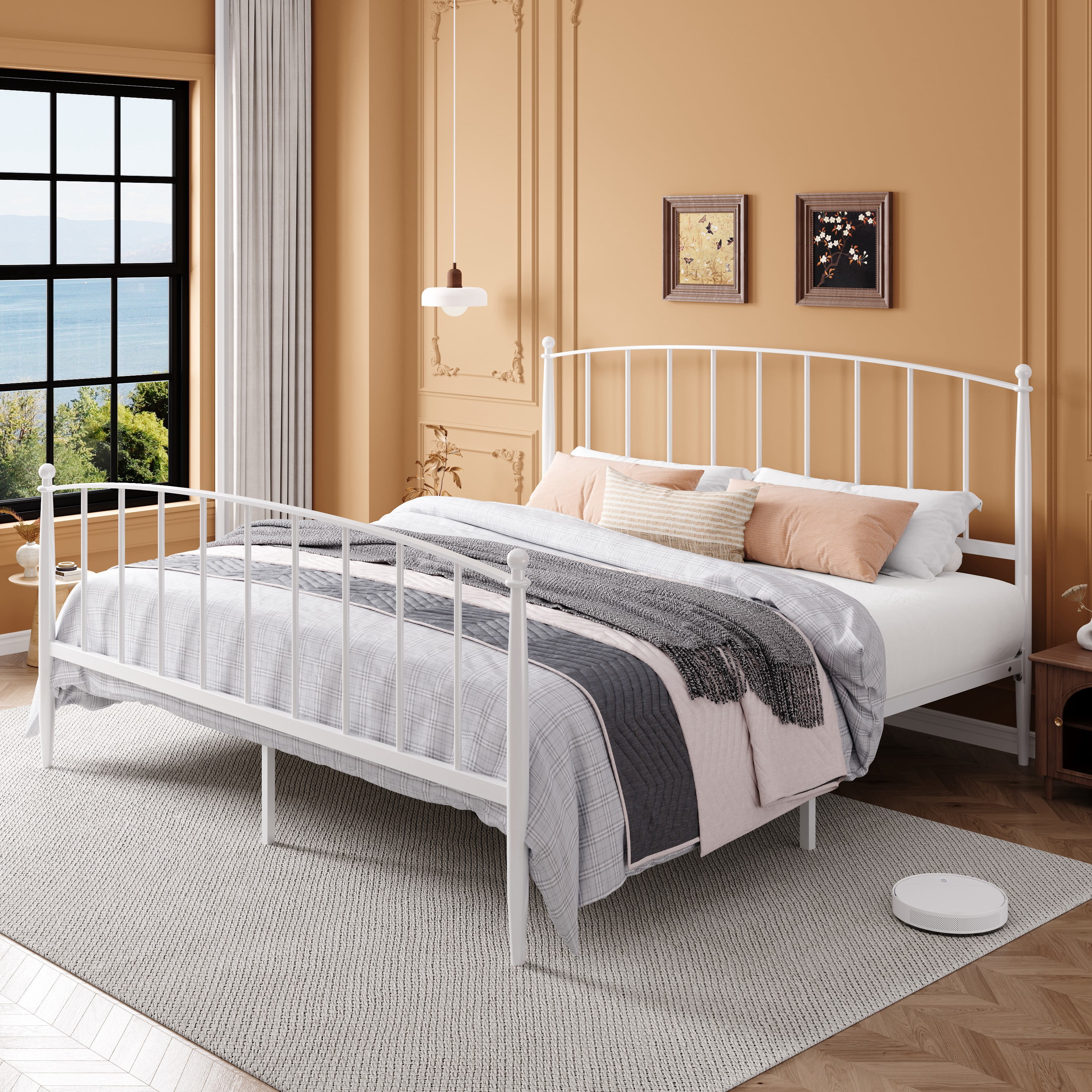 Amolife King Bed Frame, Metal Platform Bed with Curved Headboard and Footboard, Ample Under-Bed Storage Space, No Box Spring Needed, White