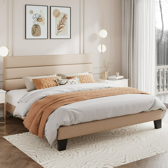 Amolife King Bed Frame, Platform Bed Frame with Fabric Upholstered Headboard, Beige