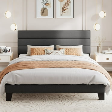 Amolife King Bed Frame, Platform Bed Frame with Fabric Upholstered Headboard, Dark Grey