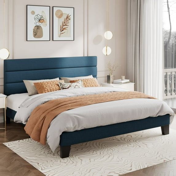 Amolife King Bed Frame, Platform Bed Frame with Fabric Upholstered Headboard, Navy Blue