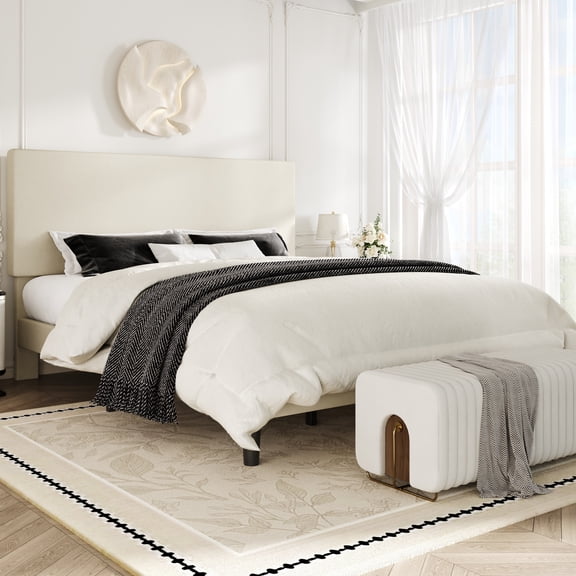 Amolife King Bed Frame, Platform Bed Frame with Upholstered Adjustable Headboard, Cream White, Velvet