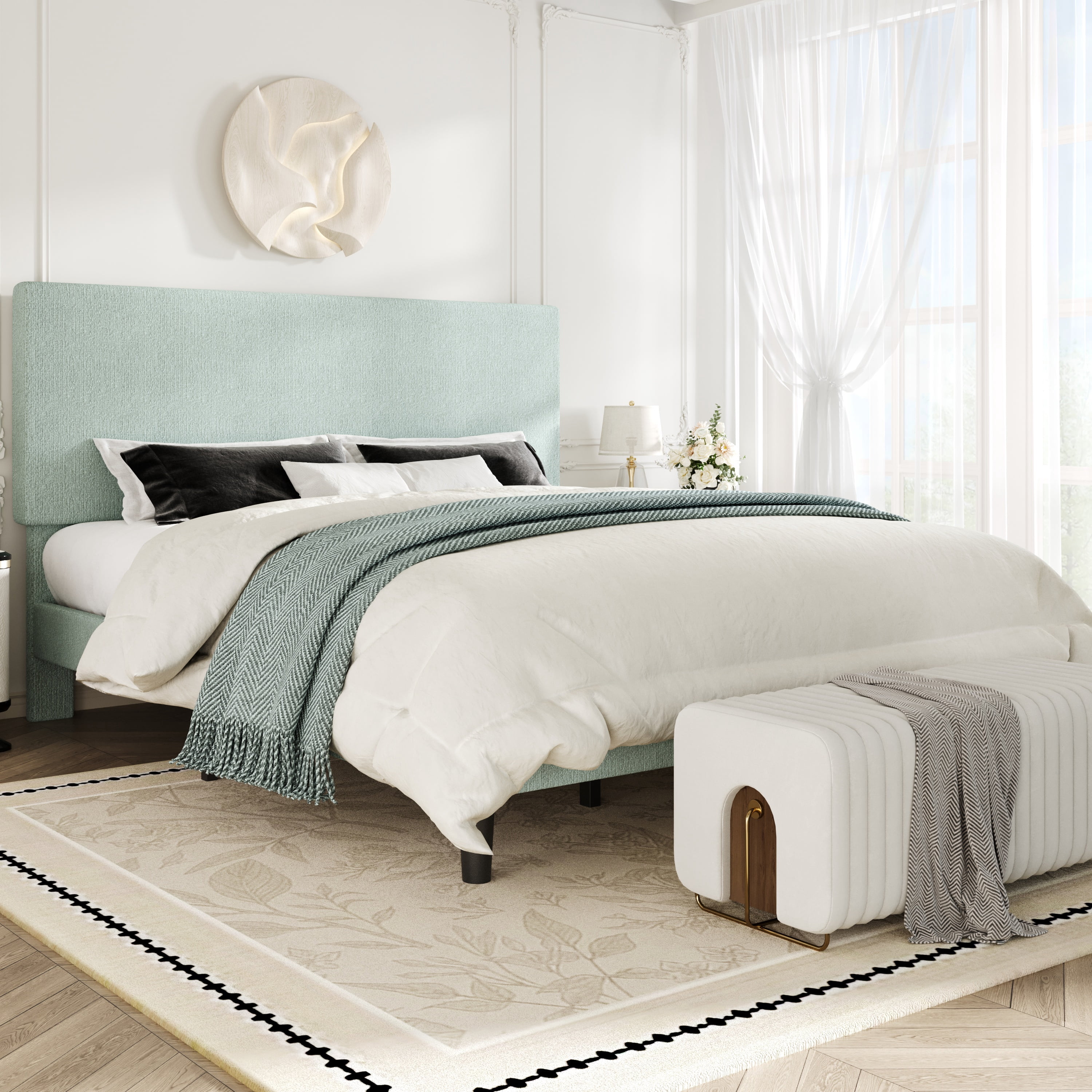 Amolife King Bed Frame, Platform Bed Frame with Upholstered Adjustable Headboard, Ice Blue, Nubby Fabric