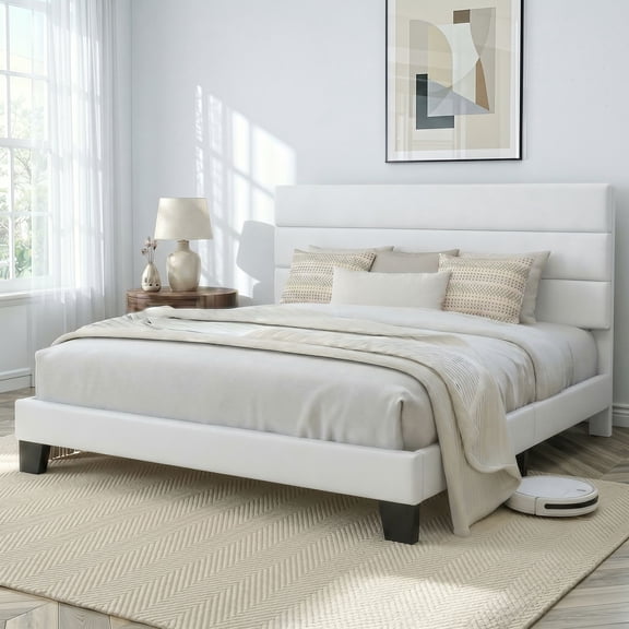 Amolife King Bed Frame, Platform Bed Frame with Upholstered Velvet Headboard, White