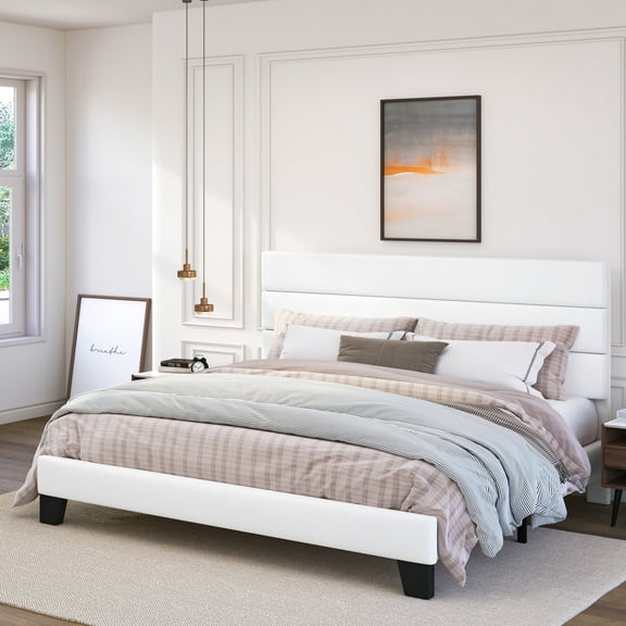 Amolife King Bed Frame, Platform Bed Frame with Upholstered Velvet Headboard, White