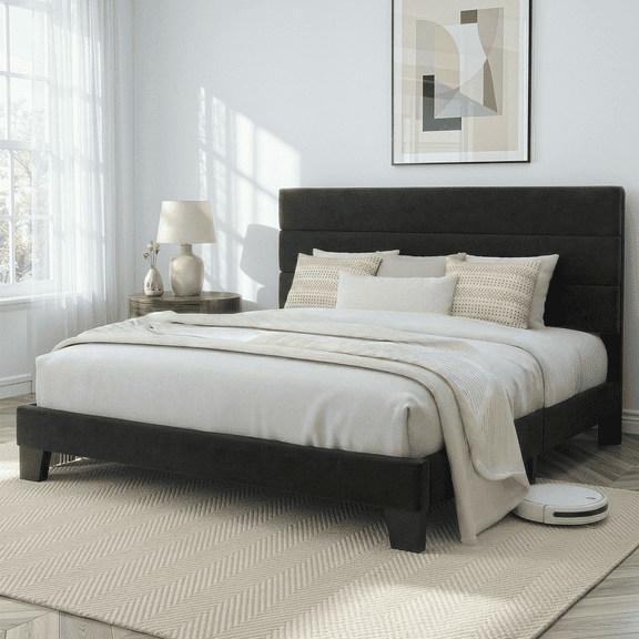 Amolife King Bed Frame, Platform Bed Frame with Velvet Upholstered Headboard, Black