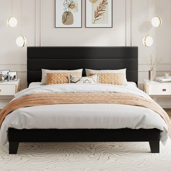 Amolife King Bed Frame, Platform Bed Frame with Velvet Upholstered Headboard, Black