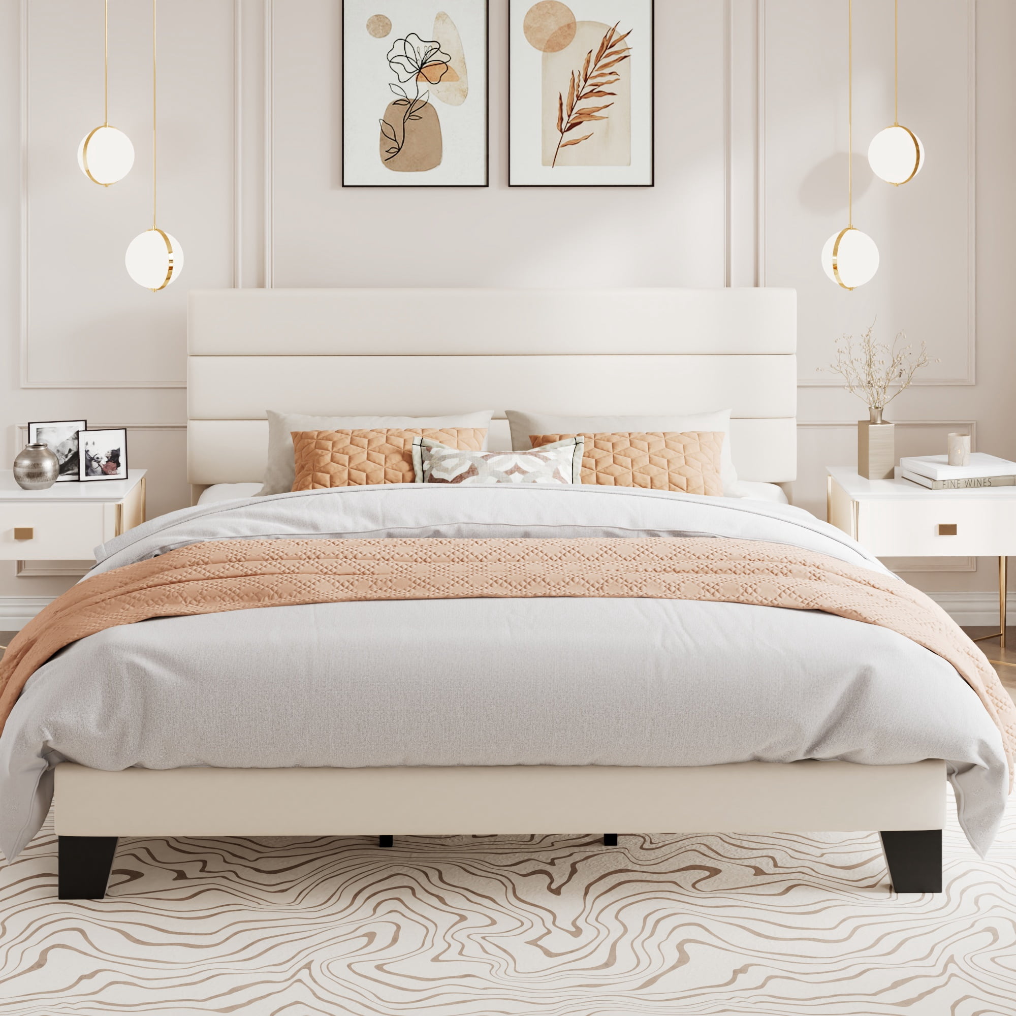 Amolife King Bed Frame, Platform Bed Frame with Velvet Upholstered Slat Headboard, Cream