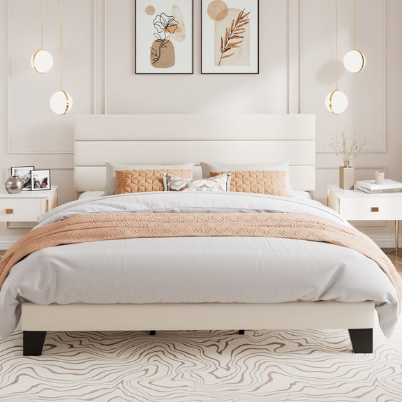 Amolife King Bed Frame, Platform Bed Frame with Velvet Upholstered Slat Headboard, Cream