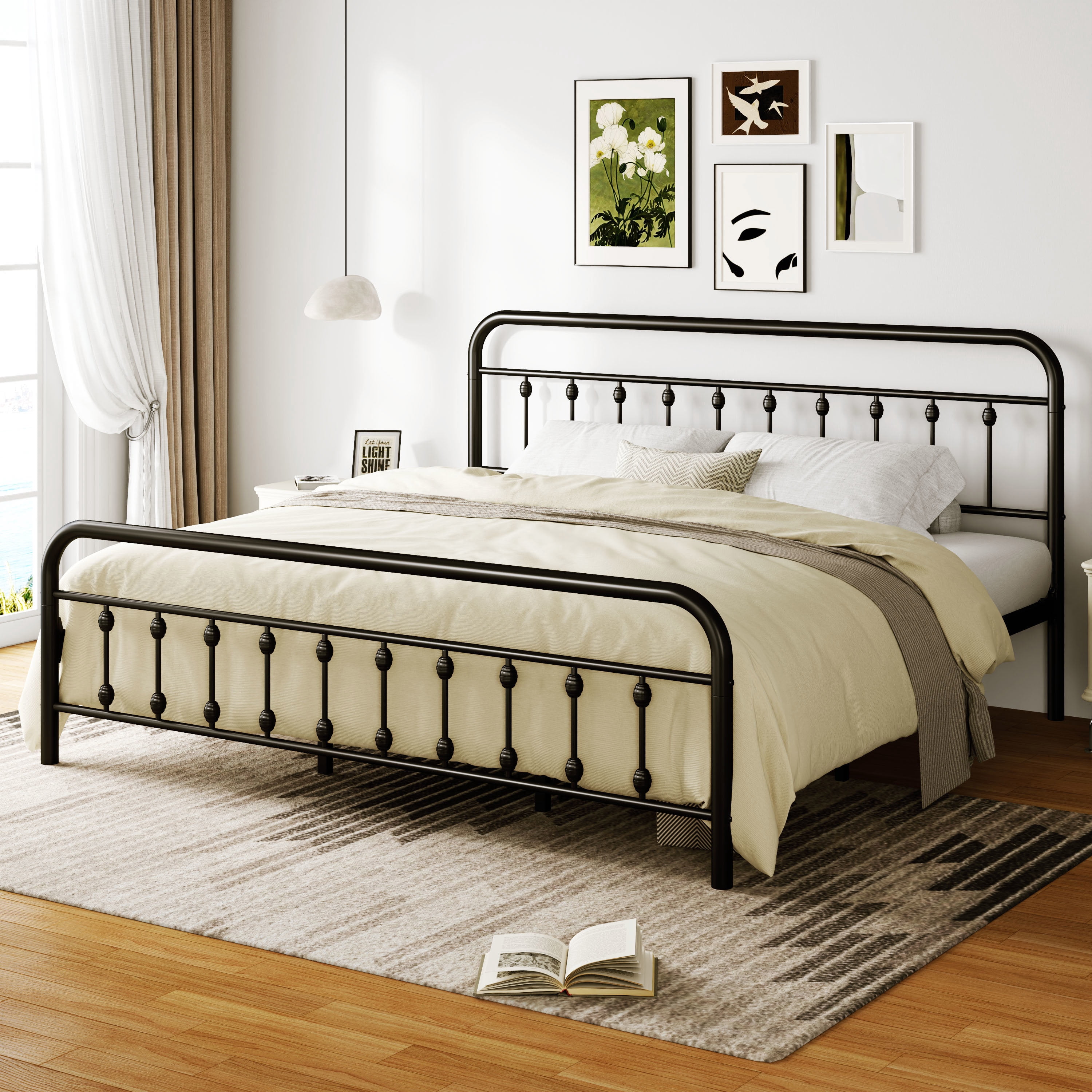 Amolife King Size Metal Platform Bed Frame with Vintage Headboard & 12.6" Under-Bed Storage, Black