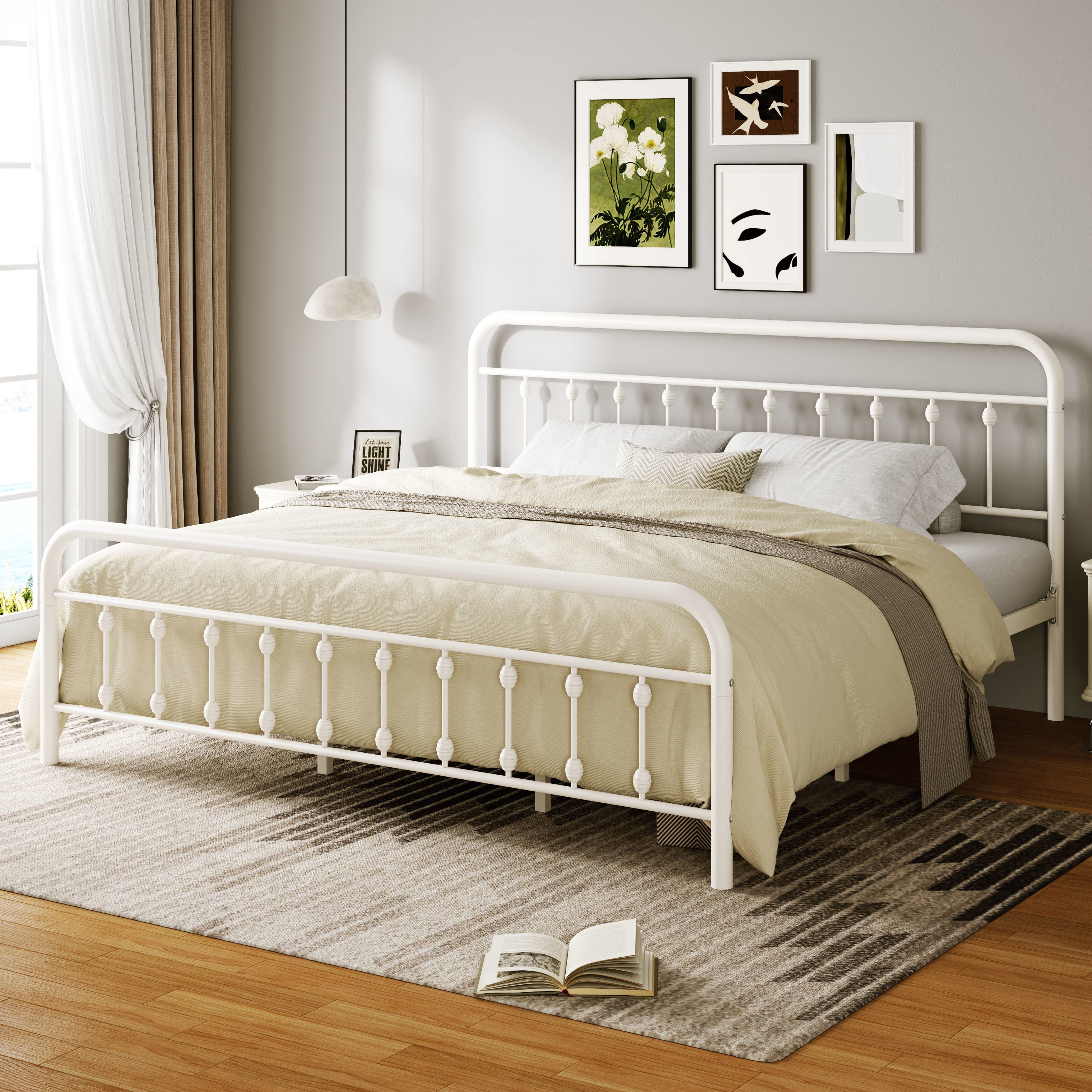 Amolife King Size Metal Platform Bed Frame with Vintage Headboard & 12.6" Under-Bed Storage, White