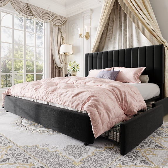 Amolife King Bed Frame, Platform Bed with Adjustable Velvet-Wrapped Headboard and 4 Storage Drawers, No Box Spring Required, Black
