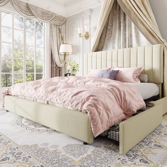 Amolife King Bed Frame, Platform Bed with Adjustable Velvet-Wrapped Headboard and 4 Storage Drawers, No Box Spring Required, Cream White