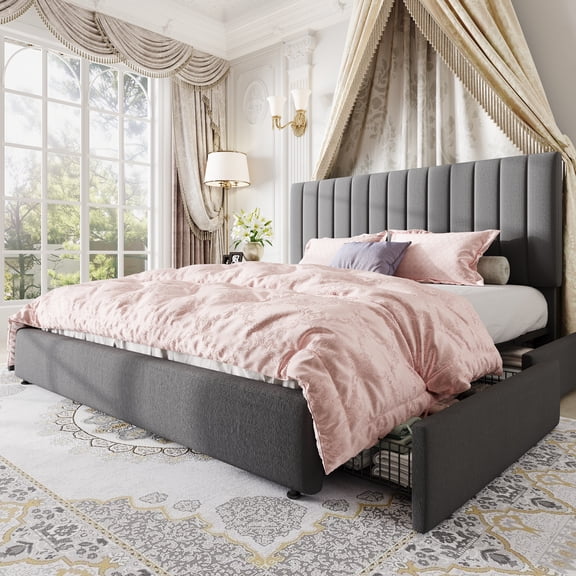 Amolife King Bed Frame, Platform Bed with Adjustable Velvet-Wrapped Headboard and 4 Storage Drawers, No Box Spring Required, Gray