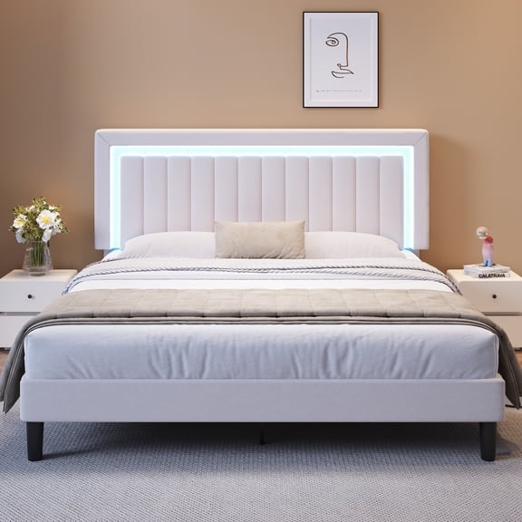 Amolife King Bed Frame, Platform Bed with LED Light Velvet Vertical Channel Upholstered Headboard, White