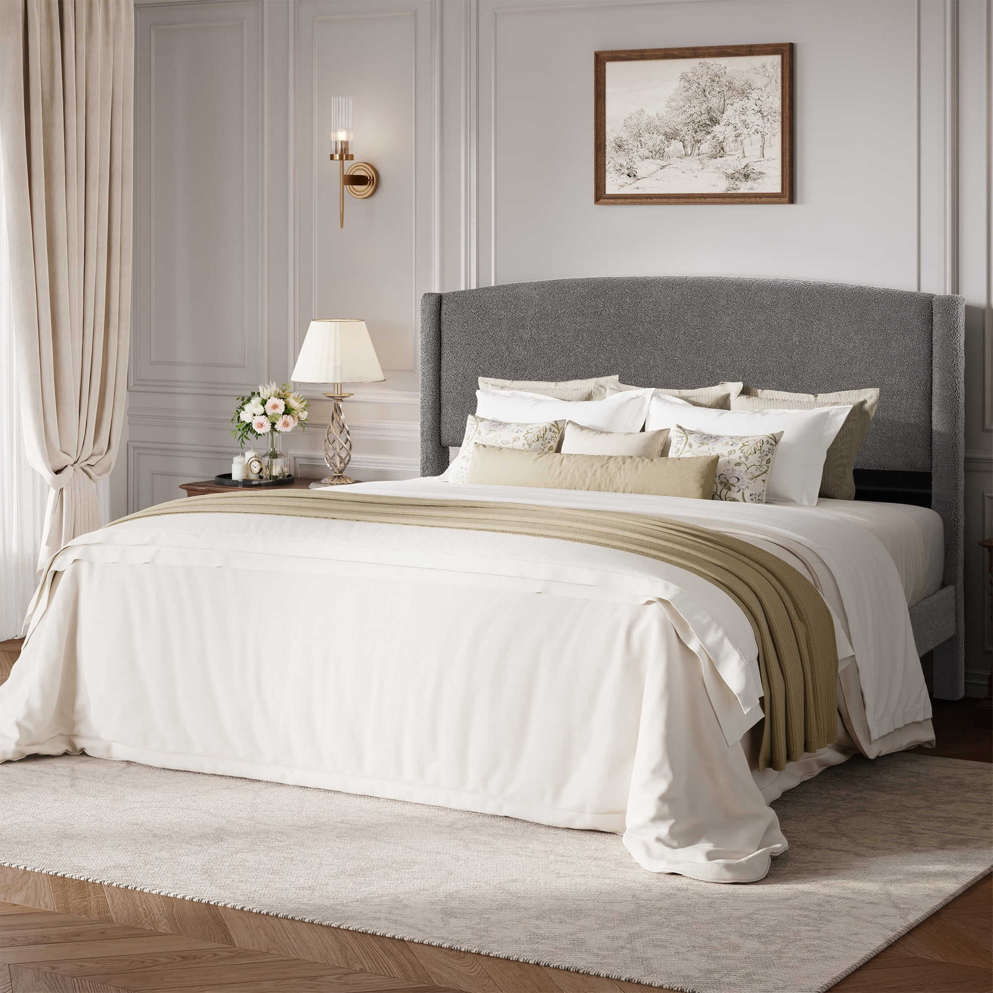 Amolife King Bed Frame, Platform Upholstered Bed with Soft Teddy Fabric Curved Headboard, Grey