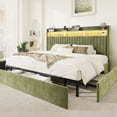 thumbnail image 1 of Amolife King Bed Frame, Ultra-Soft Velvet Upholstered Storage Bed with 2 Shelves LED Wingback Headboard, 3 Drawers & USB Ports, Green, 1 of 10
