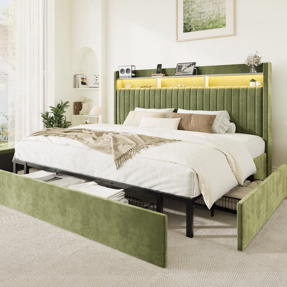 Amolife King Bed Frame, Ultra-Soft Velvet Upholstered Storage Bed with 2 Shelves LED Wingback Headboard, 3 Drawers & USB Ports, Green