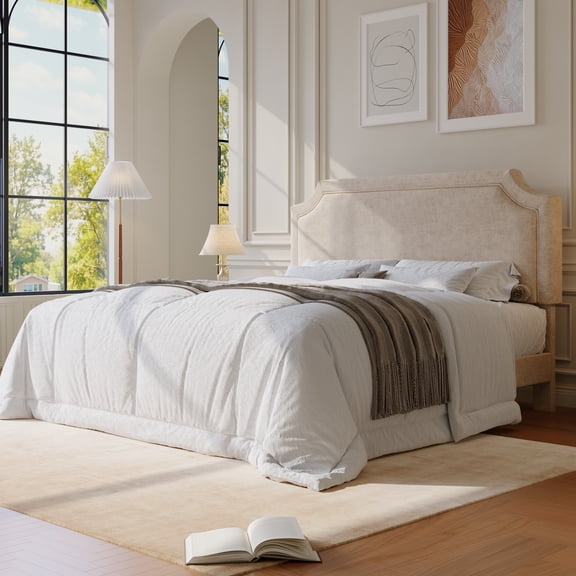 Amolife King Bed Frame, Upholstered Platform Bed with Streamlined Adjustable Headboard, No Box Spring Required, Beige, Chenille Fabric