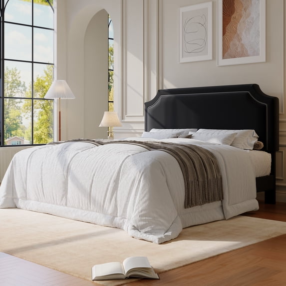 Amolife King Bed Frame, Upholstered Platform Bed with Streamlined Adjustable Headboard, No Box Spring Required, Black, Velvet