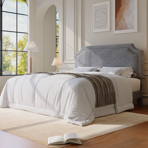 Amolife King Bed Frame, Upholstered Platform Bed with Streamlined Adjustable Headboard, No Box Spring Required, Grey, Chenille Fabric