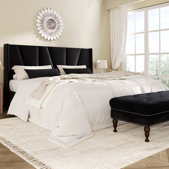 Amolife King Bed Frame, Upholstered Platform Bed with Wingback and Geometric Headboard, Black