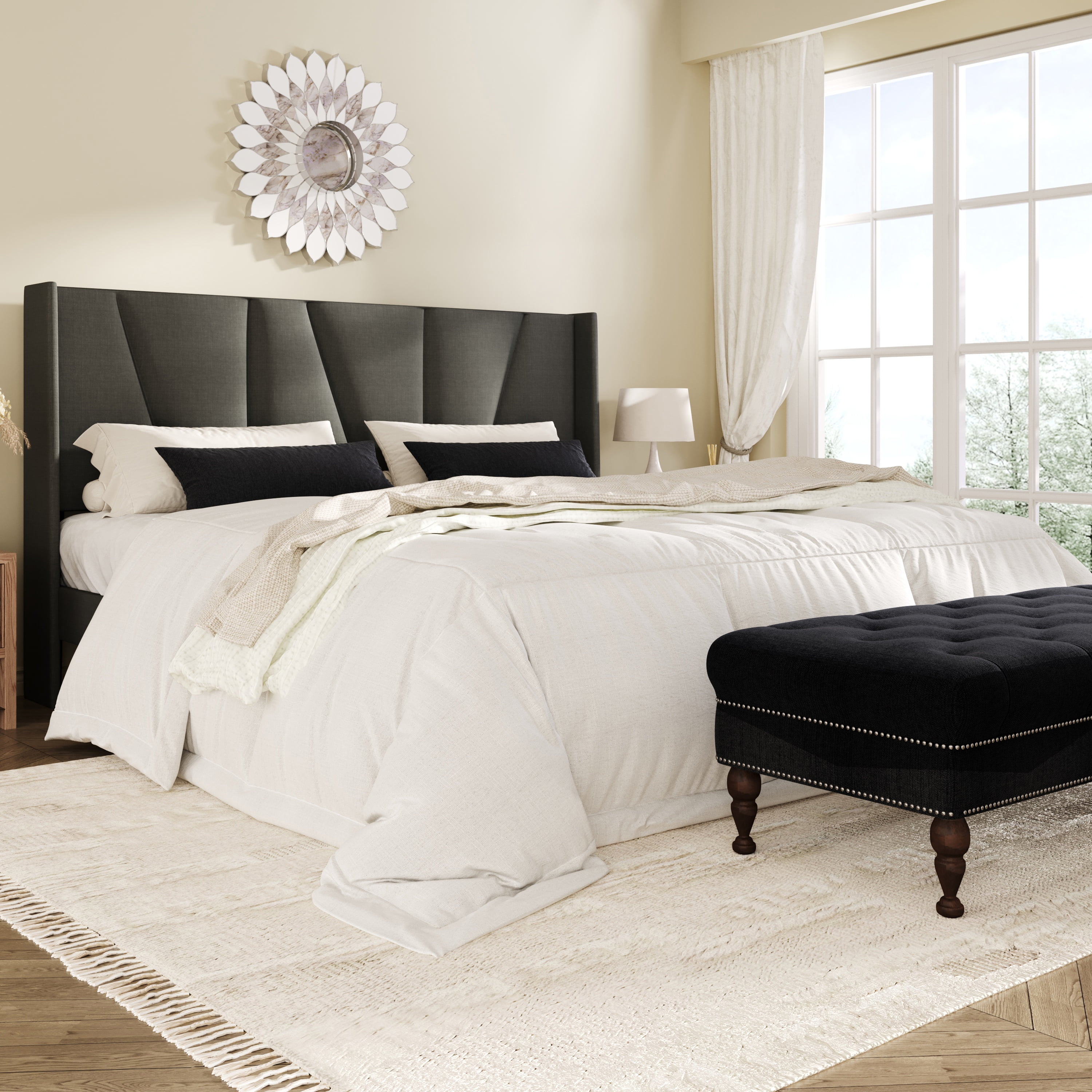 Amolife King Bed Frame, Upholstered Platform Bed with Wingback and Geometric Headboard, Dark Gray