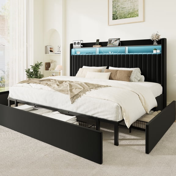 Amolife King Bed Frame, Velvet Upholstered Storage Bed with 2 Shelves LED Wingback Headboard, 3 Drawers & USB Ports, Black