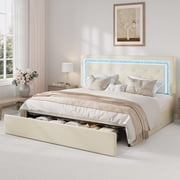 Amolife King Bed Frame, Velvet Upholstered Storage Bed with Adjustable Diamond-Tufted Smart LED Headboard, Footboard Drawer, White