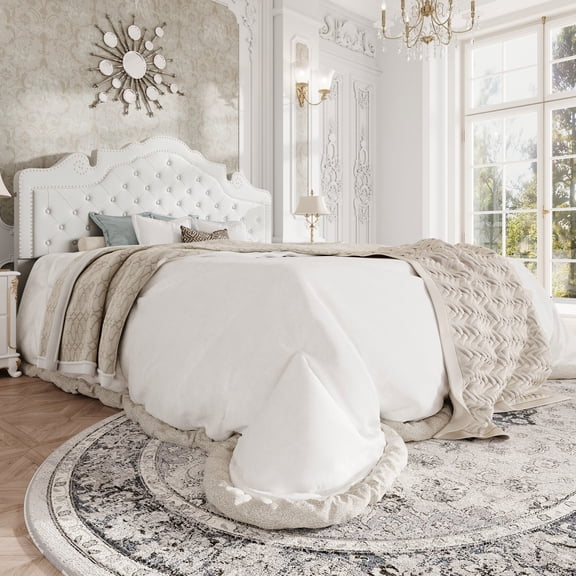 Amolife King Bed Frame with Adjustable Crown-Shaped Headboard, Upholstered Platform Bed, No Box Spring Required, White
