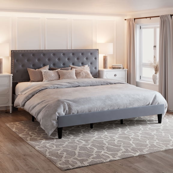 Amolife King Bed Frame with Adjustable Velvet-Studded Headboard, Grey