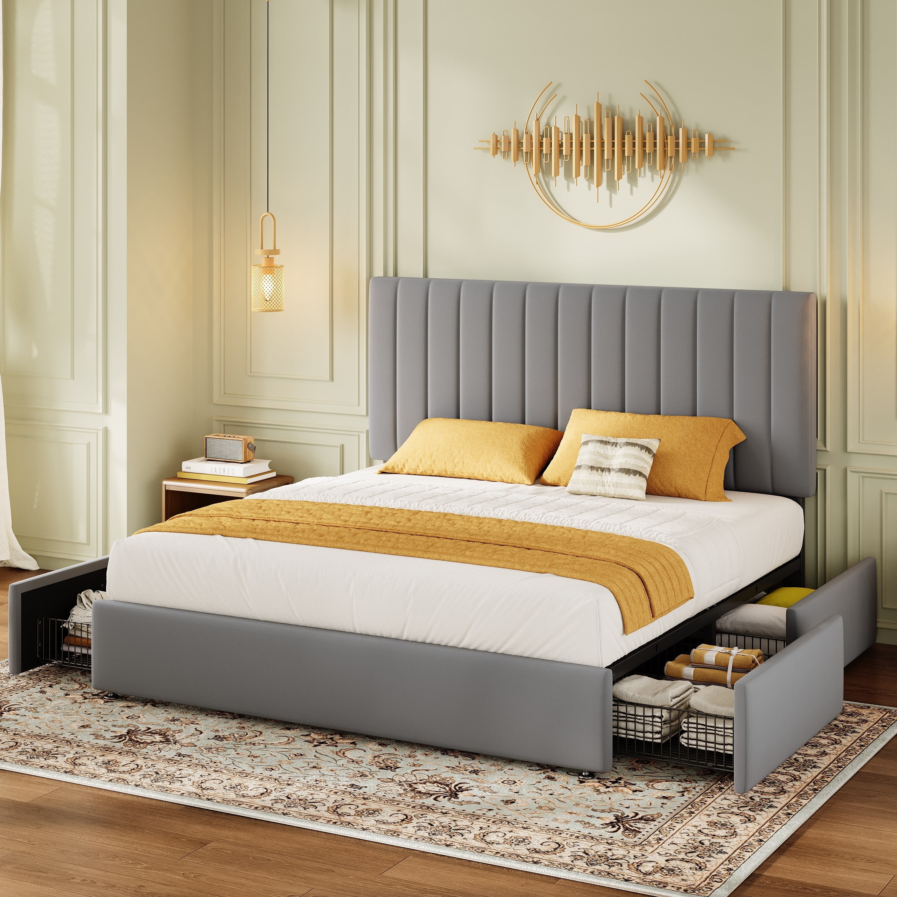 Amolife King Bed Frame with Adjustable Velvet-Wrapped Headboard and 4 Storage Drawers, No Box Spring Required, Gray
